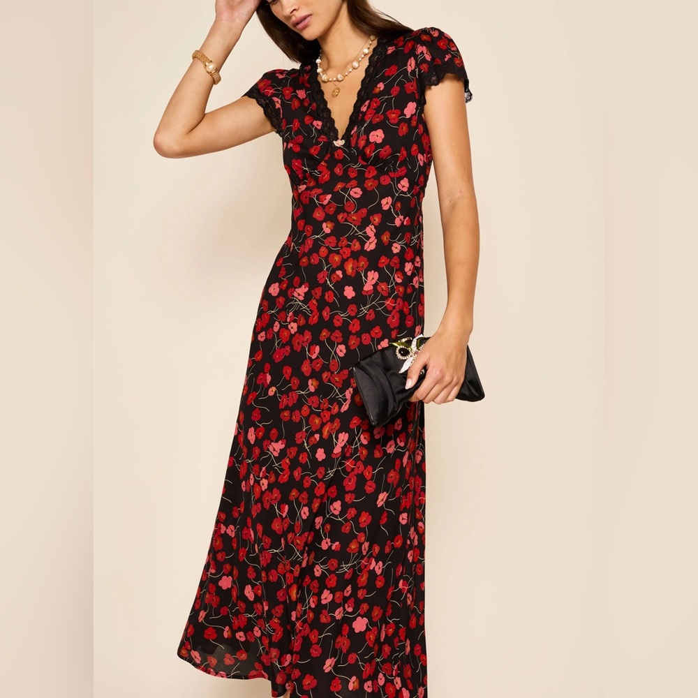 Rixo Clarice Floral V-Neck Black & Red Dress Sz Small